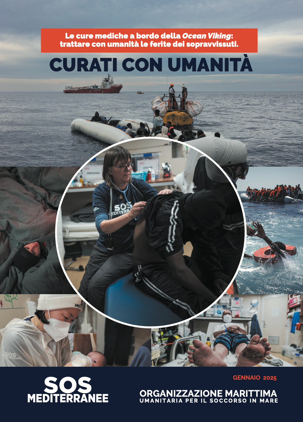 Copertina del dossier Curati con umanità, SOS MEDITERRANEE