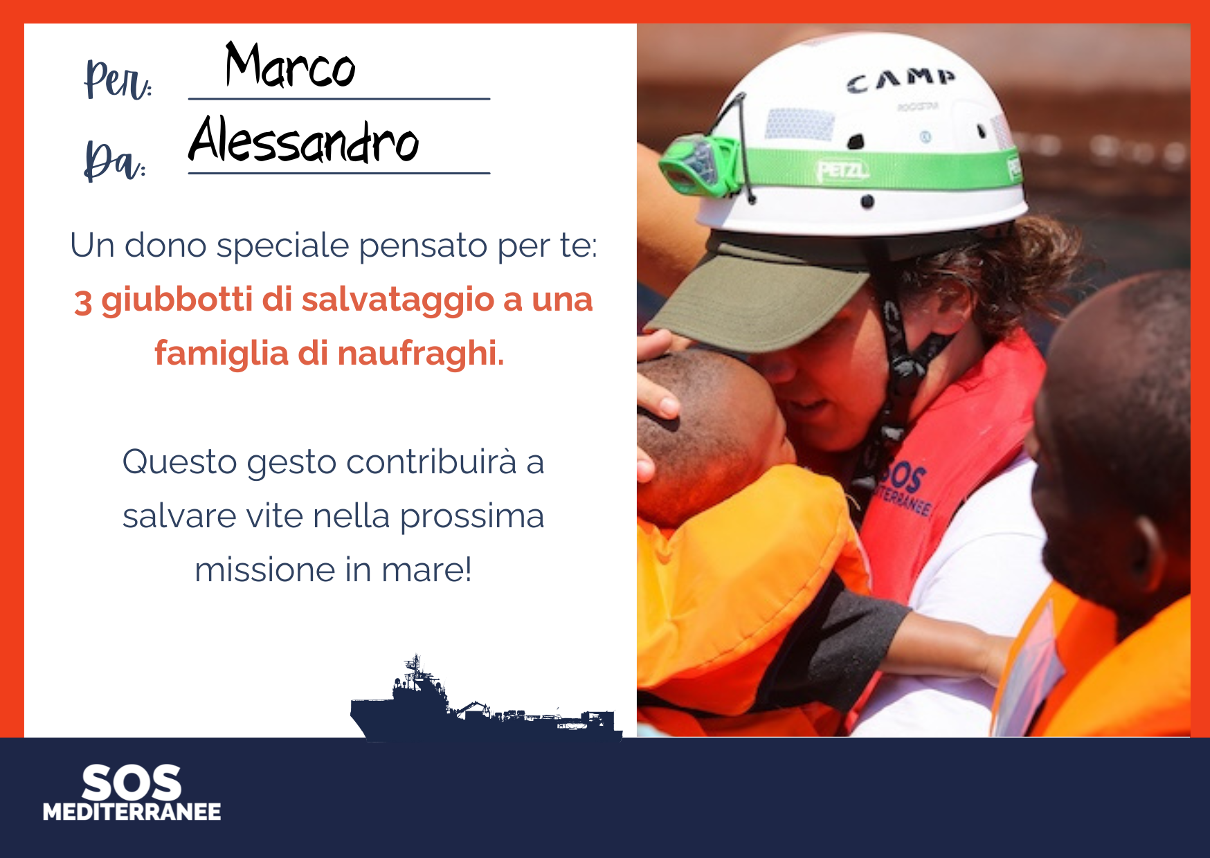 e-card regalo solidale: 3 giubbotti di salvataggio, SOS MEDITERRANEE