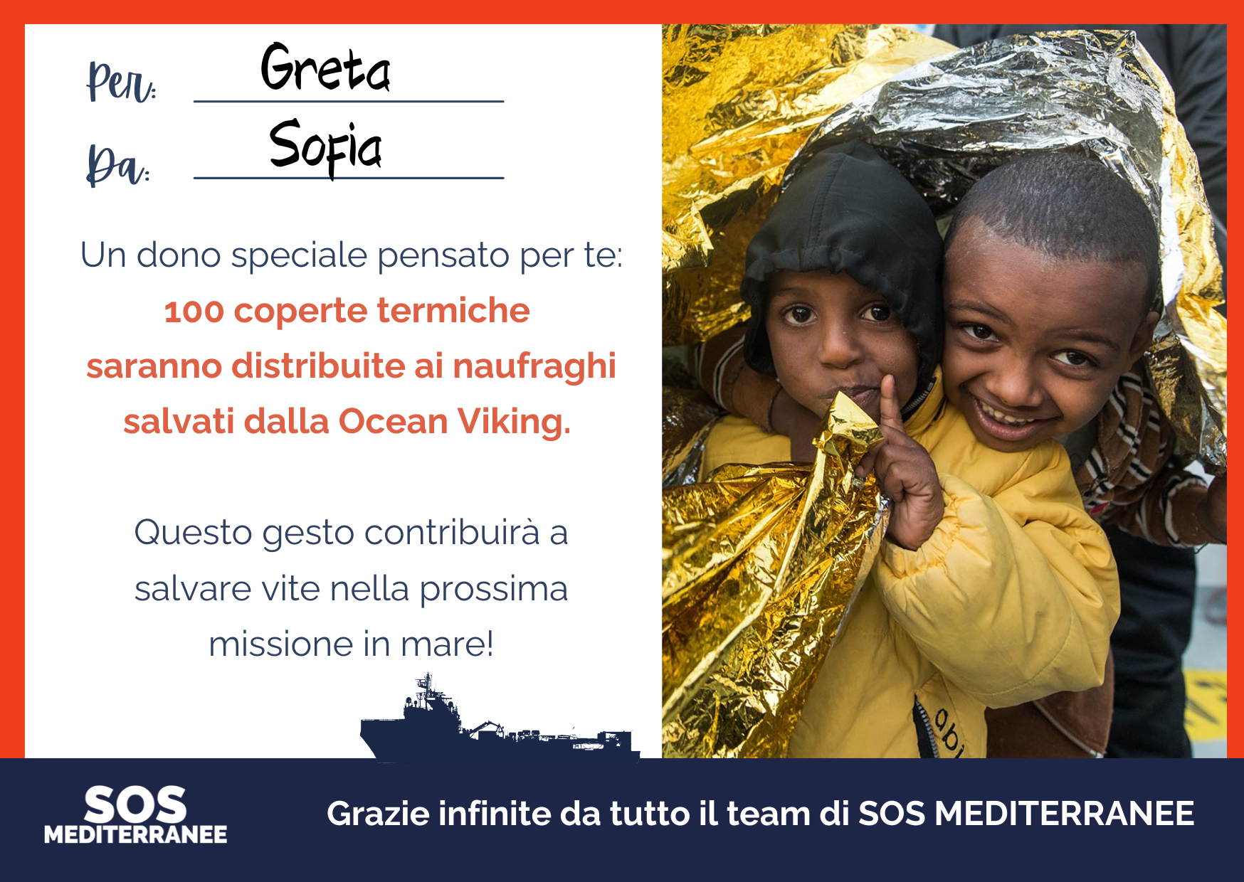 e-card regalo solidale: 100 coperte termiche per mamme e bimbi, SOS MEDITERRANEE