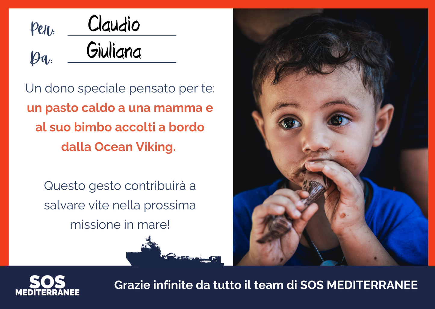e-card regalo solidale: pasti caldi a una mamma e al suo bimbo, SOS MEDITERRANEE