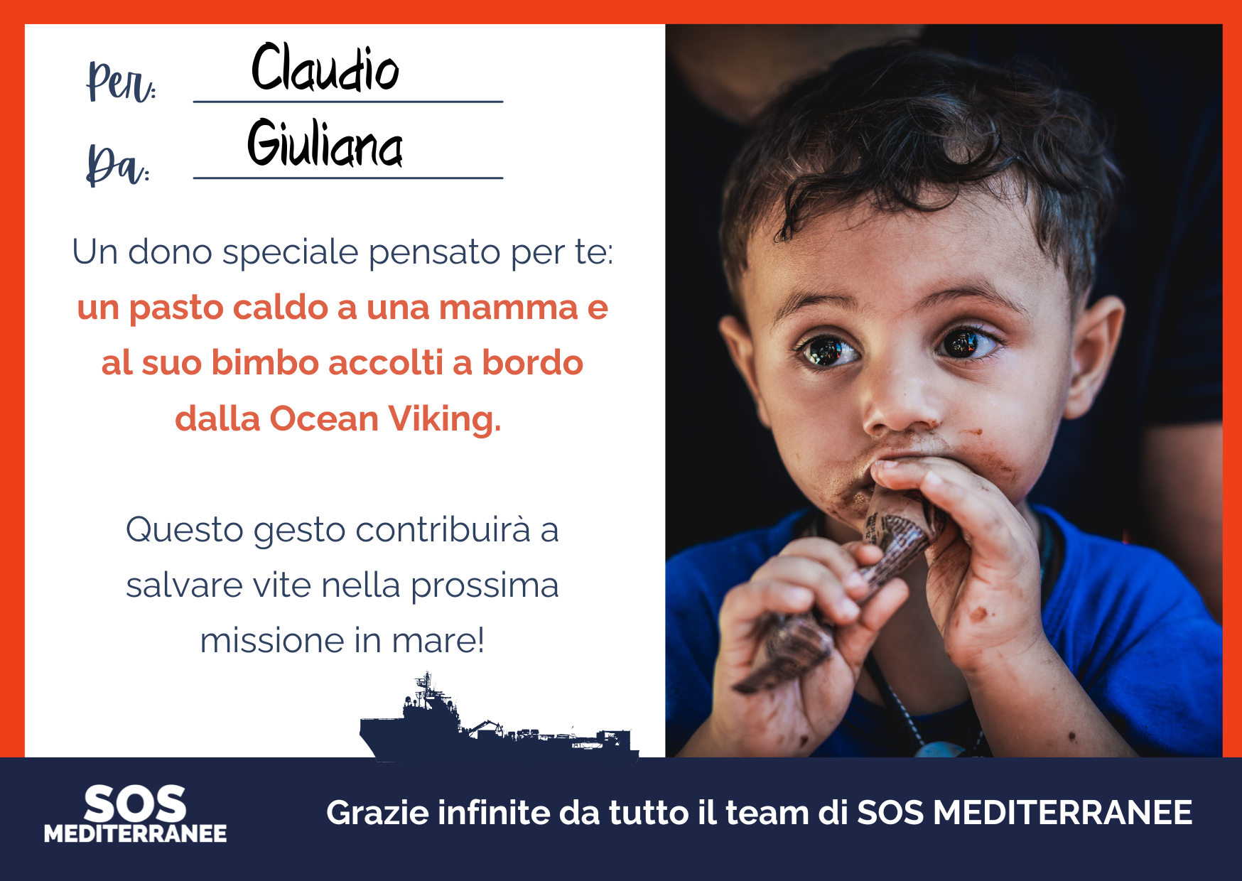e-card regalo solidale: pasti caldi a una mamma e al suo bimbo, SOS MEDITERRANEE